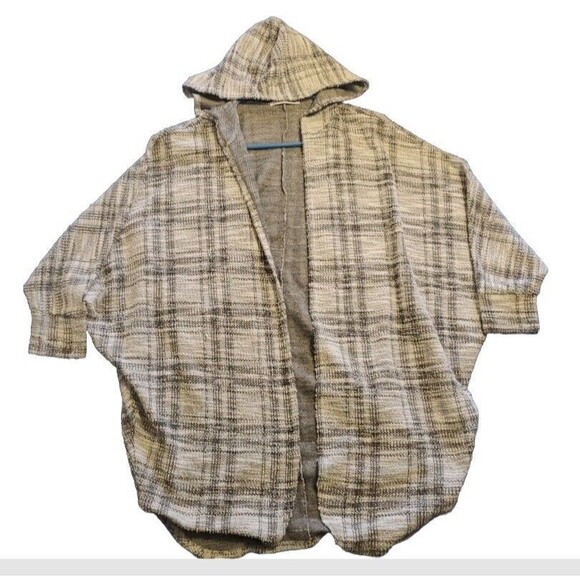 Womens Plaid Cardigan Small Lightweight Gray Hooded 1/2 Sleeve Boho - Picture 4 of 13